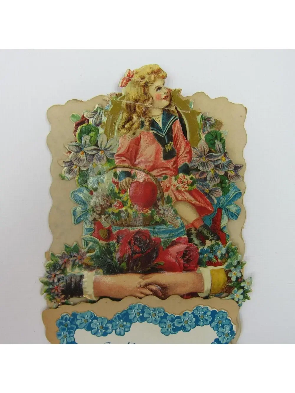 Vintage Valentine Die Cut Stand Up Blonde Girl Pink Sailor Dress Flowers Basket